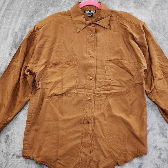 Vintage CLIO Long Sleeve Button Front Silk Blouse Size 14 Brown Copper Office - Picture 2 of 11
